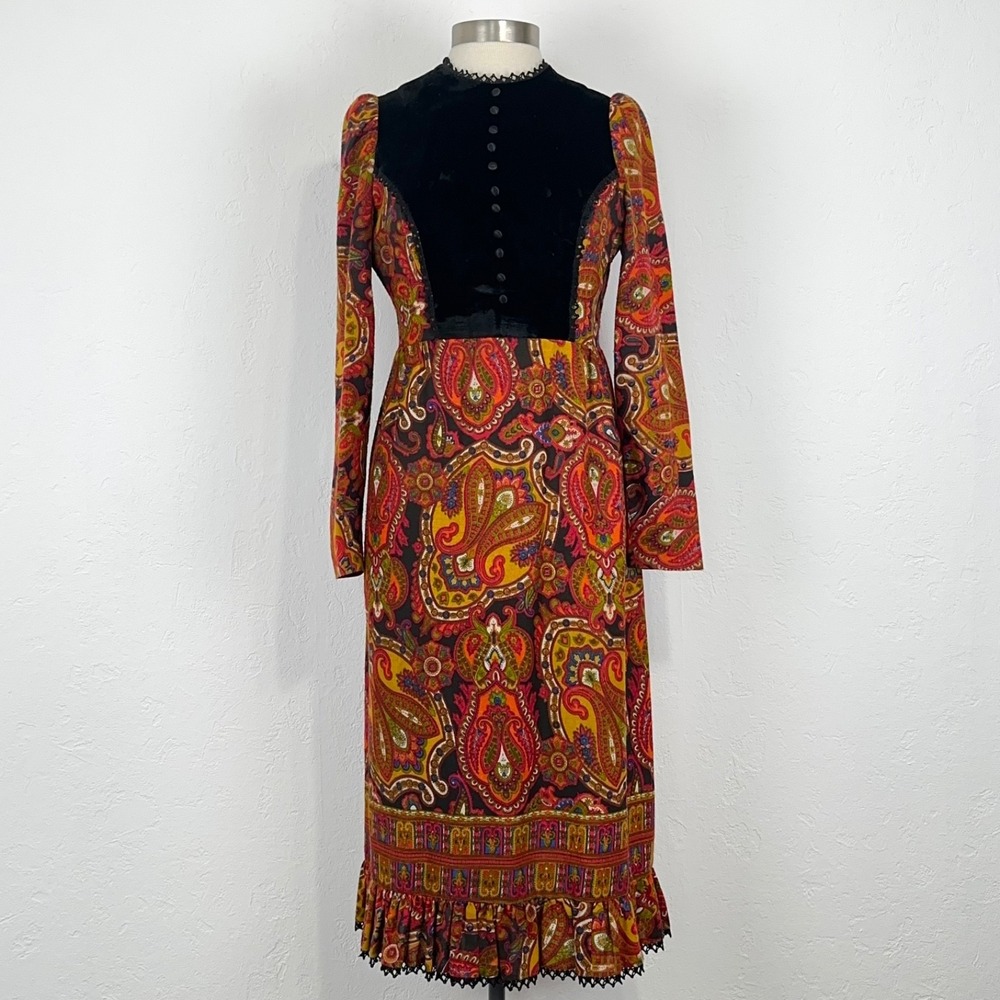 Vintage Young Innocent Arpeja Boho Prairie Midi Dress Size 11 Paisley Velvet